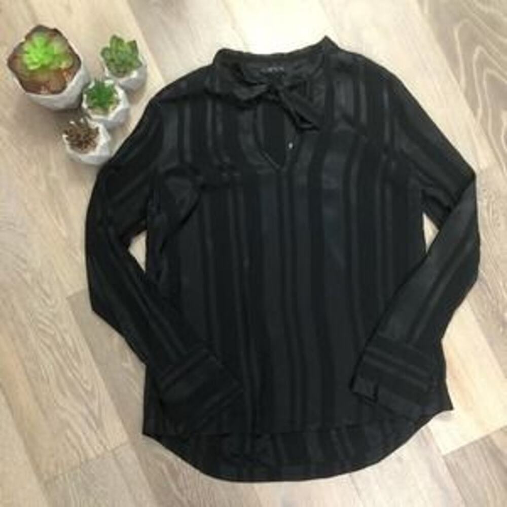 bobi BLACK  Black Long Sleeve Long Sleeve Keyhole Tie Neck Blouse Small Office